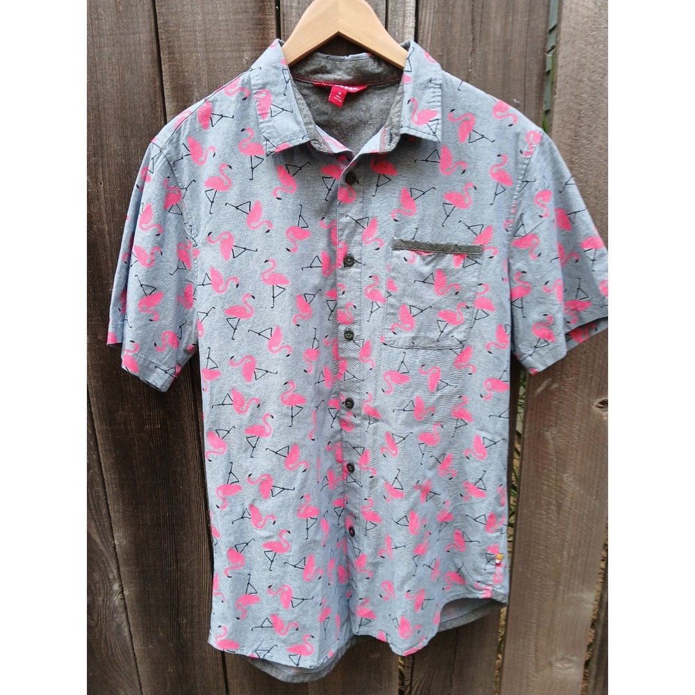 Vintage Unionbay grey pink flamingo‎ pattern men's short sleeve button shirt M